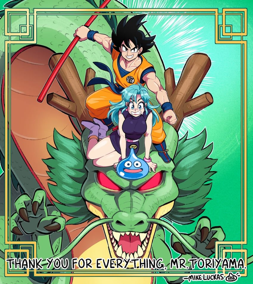 son goku, bulma, slime, shenron, and toriyama akira (dragon ball and 2 more) drawn by mike_luckas