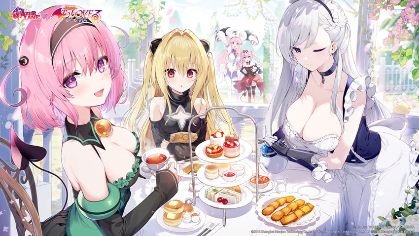belfast, konjiki no yami, momo velia deviluke, lala satalin deviluke, and nana asta deviluke (azur lane and 2 more) drawn by kat_(bu-kunn)