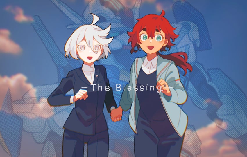 suletta mercury, miorine rembran, and gundam aerial (gundam and 1 more) drawn by dou_(mame_eee)