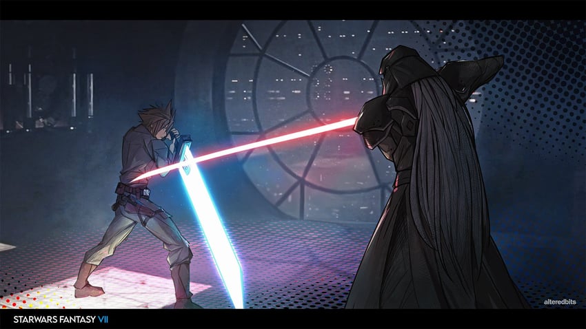 cloud strife, sephiroth, darth vader, and luke skywalker (final fantasy and 3 more) drawn by alteredbits
