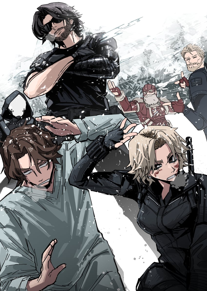 bucky barnes, winter soldier, sentry, yelena belova, john walker, and 2 more (marvel and 2 more) drawn by heartbreak_juan
