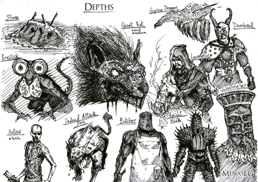 knight of thorns kirk, gaping dragon, hollow, basilisk, laurentius of the great swamp, and 4 more (dark souls and 1 more) drawn by menaslg
