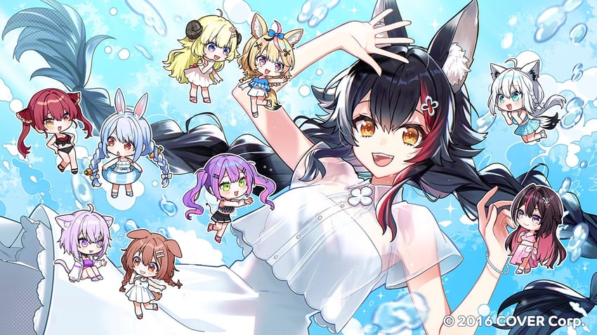 houshou marine, shirakami fubuki, usada pekora, nekomata okayu, tokoyami towa, and 5 more (hololive) drawn by tama_(songe)