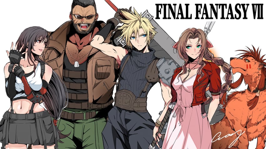 tifa lockhart, cloud strife, aerith gainsborough, barret wallace, and red xiii (final fantasy and 2 more) drawn by crazy02oekaki