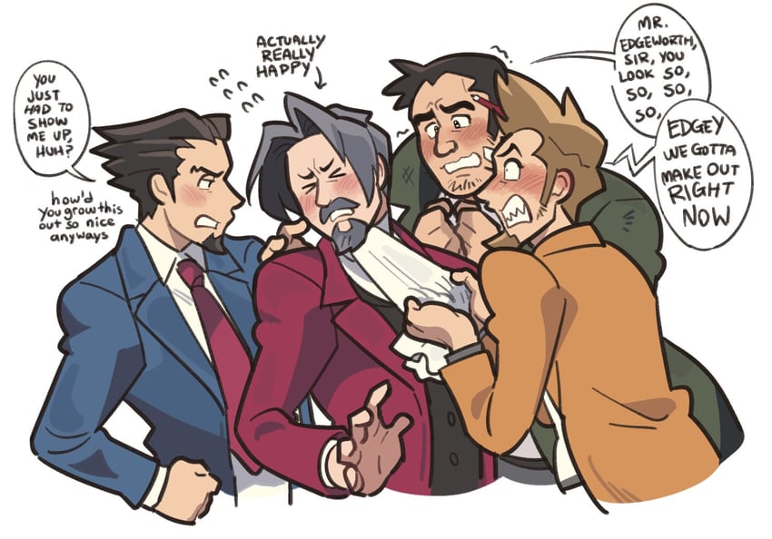 phoenix wright, miles edgeworth, dick gumshoe, and larry butz (ace attorney) drawn by loveycloud