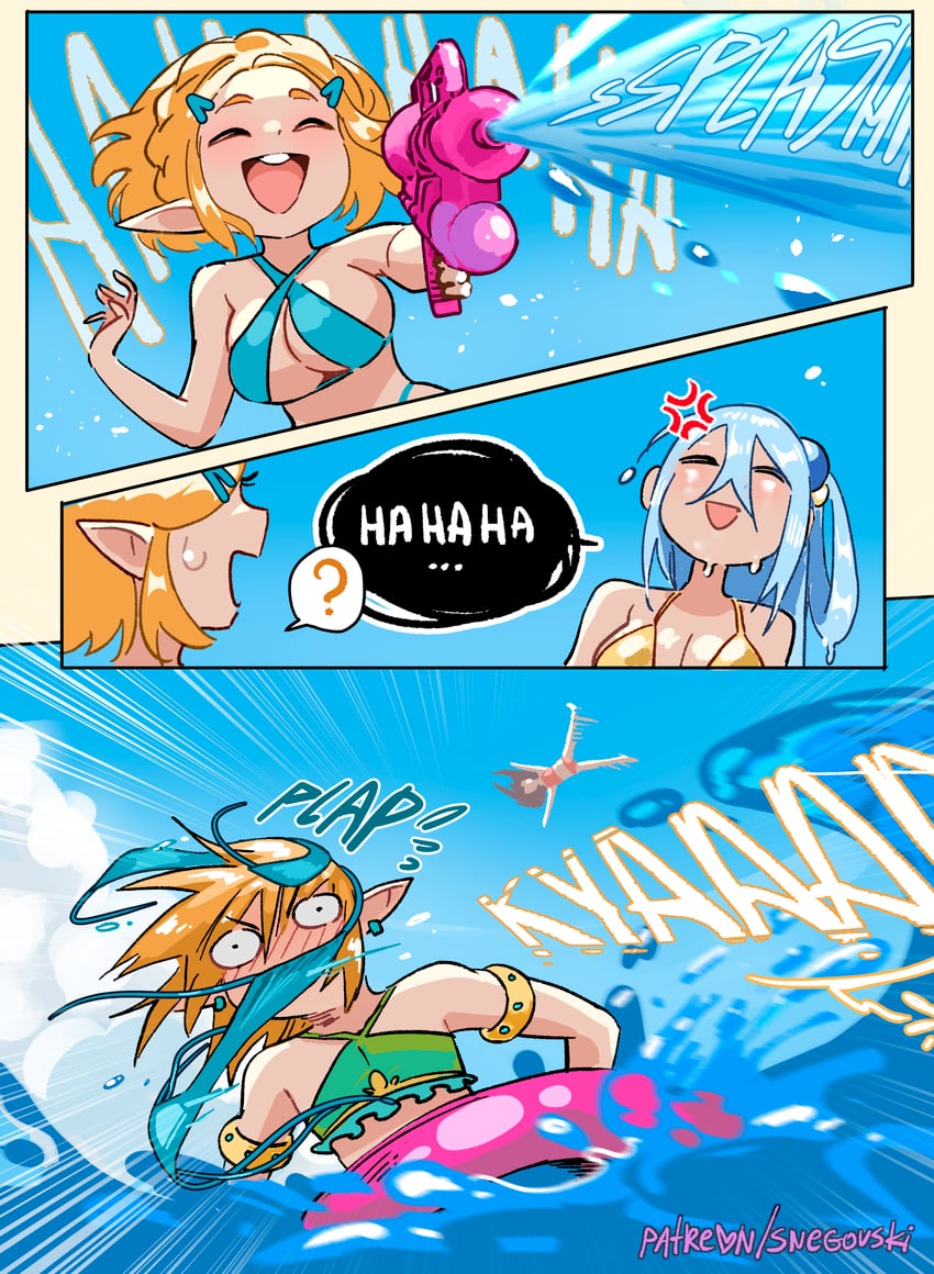 link, princess zelda, megumin, and aqua (the legend of zelda and 2 more) drawn by snegovski