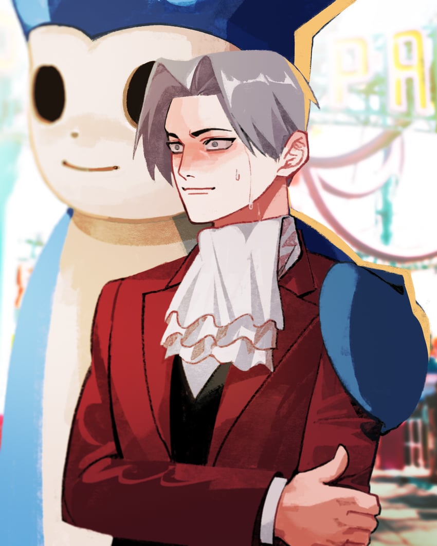 miles edgeworth, blue badger, and proto badger (ace attorney and 2 more) drawn by hexermer