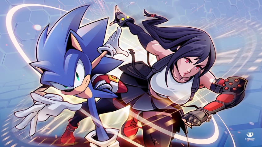 tifa lockhart and sonic the hedgehog (final fantasy and 3 more) drawn by james_diato