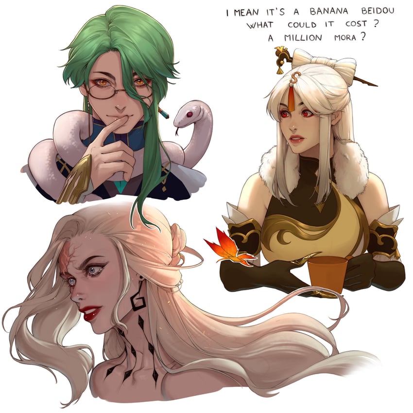 ningguang, signora, baizhu, changsheng, and crimson lotus moth (genshin impact) drawn by annasassiart