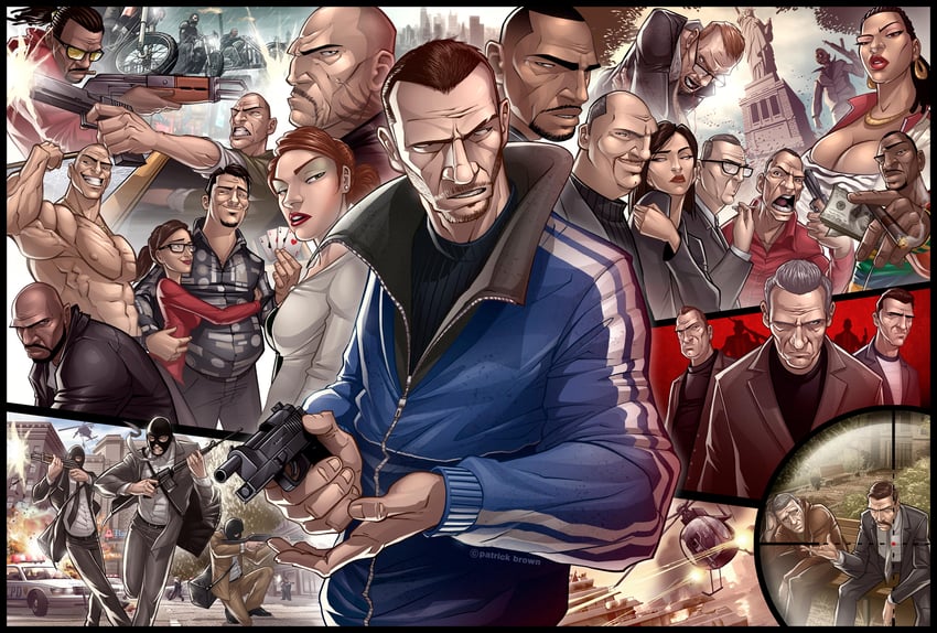 niko bellic, dimitri rascalov, johnny klebitz, bernard, kate mcreary, and 16 more (grand theft auto and 1 more) drawn by patrick_brown