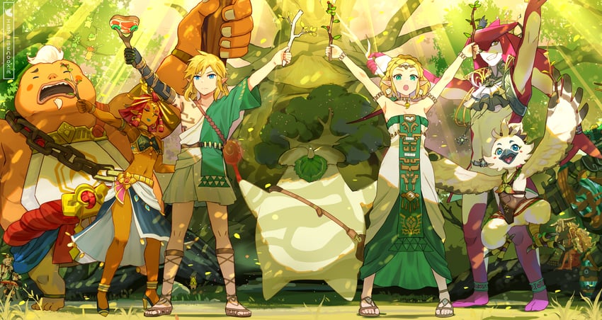 link, princess zelda, purah, sidon, korok, and 10 more (the legend of zelda and 1 more) drawn by hsin