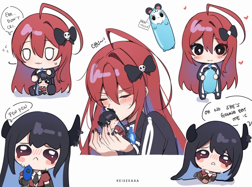 nerissa ravencroft, elizabeth rose bloodflame, smol erb, and smol rissa (hololive and 1 more) drawn by keisea