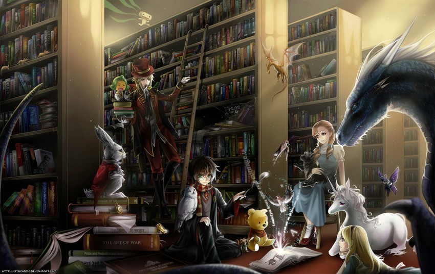 alice, white rabbit, harry potter, pooh, dorothy gale, and 8 more (alice's adventures in wonderland and 25 more) drawn by syncaidia