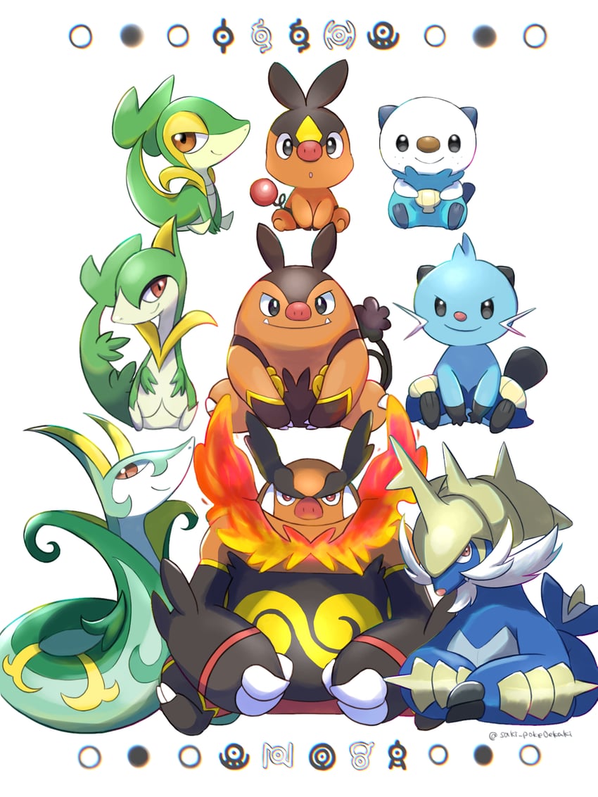 oshawott, snivy, tepig, serperior, unown, and 13 more (pokemon) drawn by saki_pokeoekaki