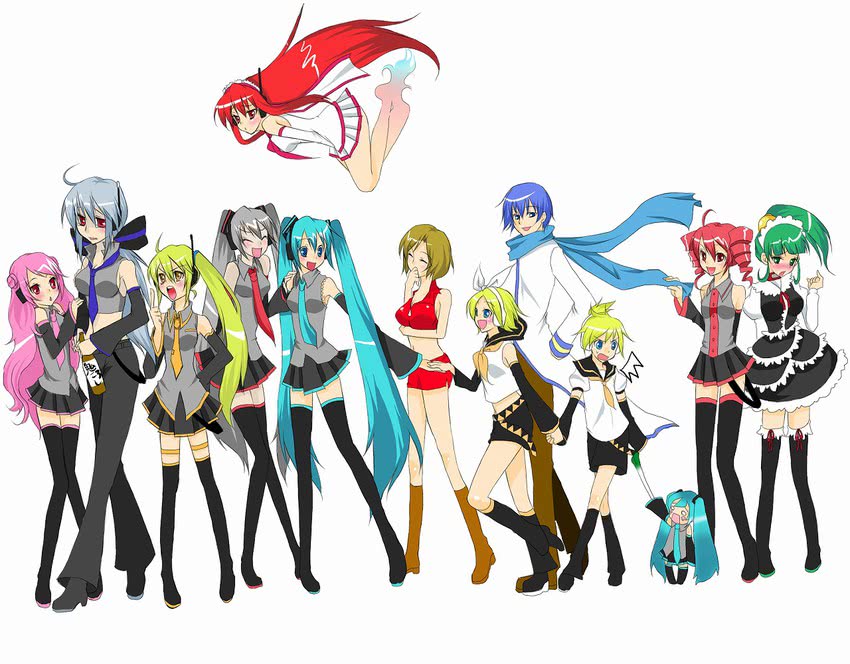 hatsune miku, kagamine rin, kagamine len, kasane teto, kaito, and 8 more (vocaloid and 2 more) drawn by suguru