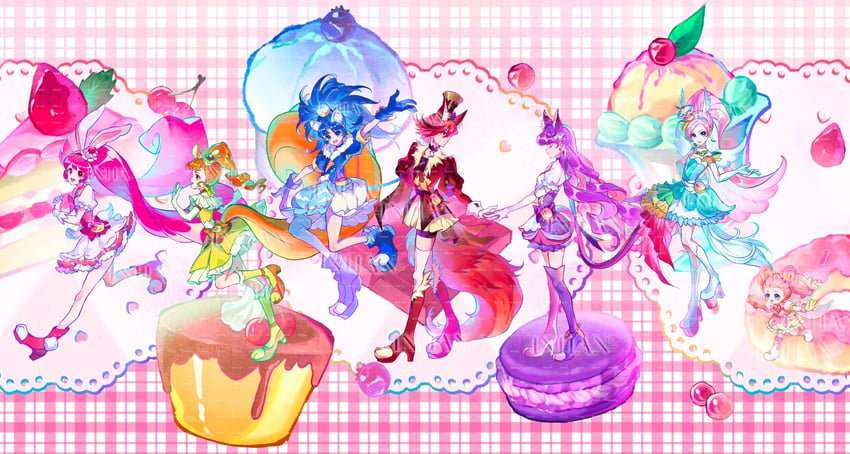 usami ichika, kotozume yukari, tategami aoi, kenjou akira, cure macaron, and 9 more (precure and 1 more) drawn by inhan
