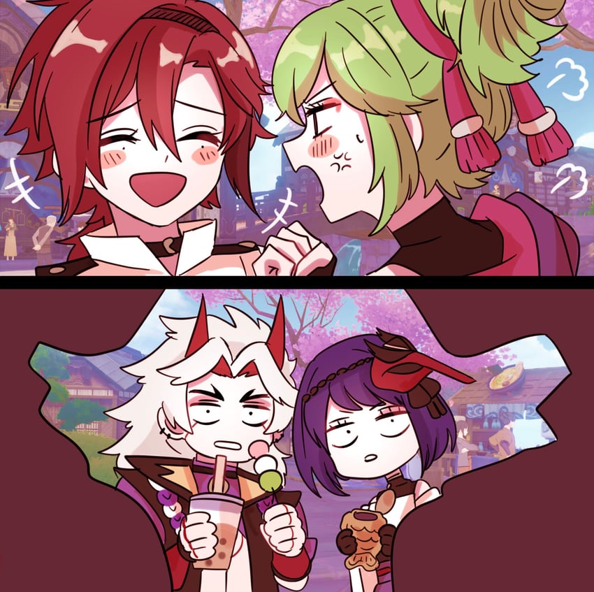kujou sara, kuki shinobu, arataki itto, and shikanoin heizou (genshin impact) drawn by cocotsuko1204