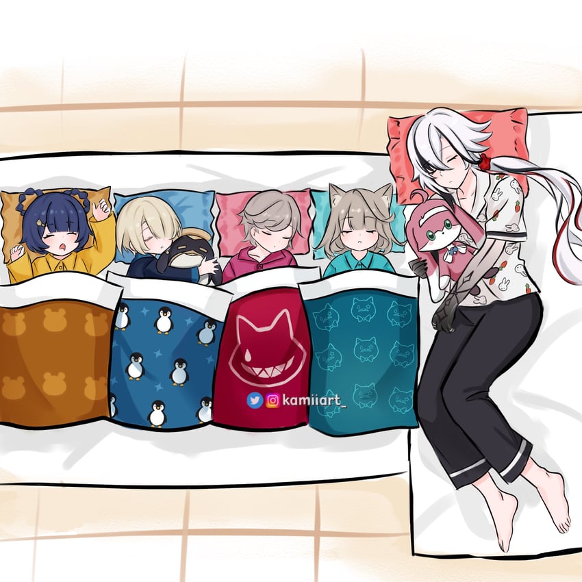 arlecchino, lynette, lyney, xiangling, freminet, and 1 more (genshin impact) drawn by kamiiart