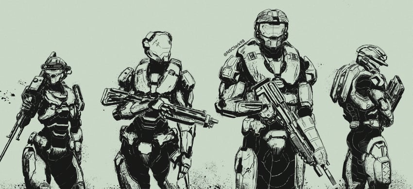 master chief, kelly 087, linda 058, and frederic-104 (halo) drawn by nsclark98