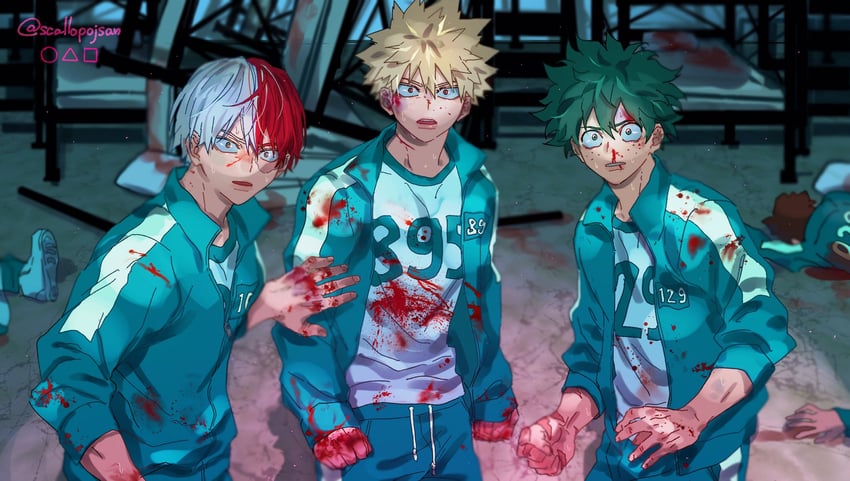 midoriya izuku, bakugou katsuki, and todoroki shoto (boku no hero academia and 1 more) drawn by scallopojisan