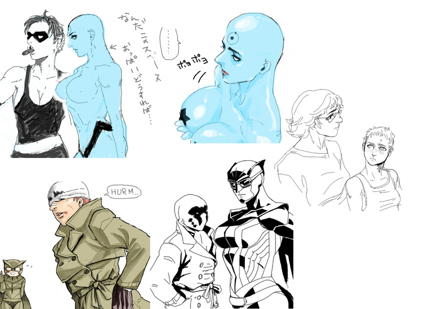 rorschach, dr. manhattan, nite owl, and the comedian (watchmen) drawn by inaba_taro