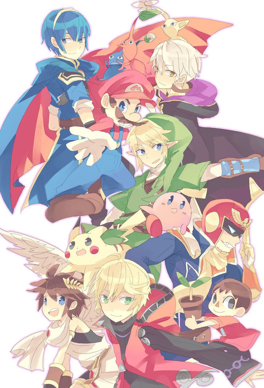 link, pikachu, kirby, mario, male robin, and 8 more (pokemon and 15 more) drawn by satori
