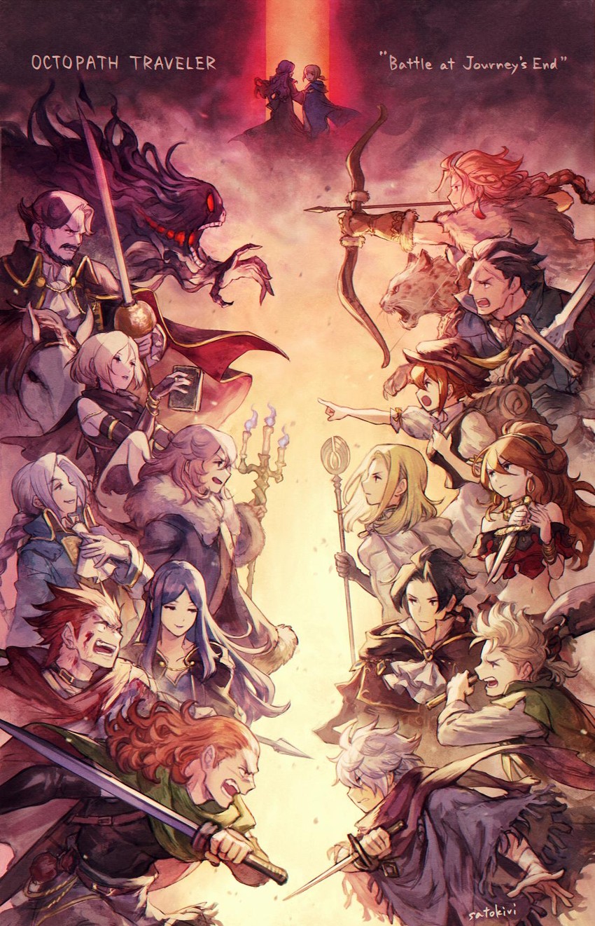 therion, tressa colzione, ophilia clement, primrose azelhart, cyrus albright, and 14 more (octopath traveler and 1 more) drawn by satou_kivi