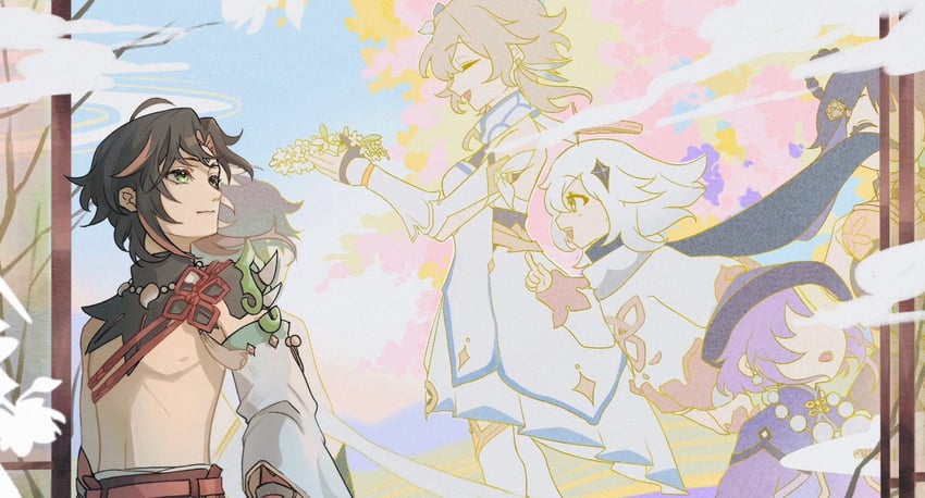 lumine, paimon, xiao, qiqi, and xiangling (genshin impact) drawn by kaga_0u0