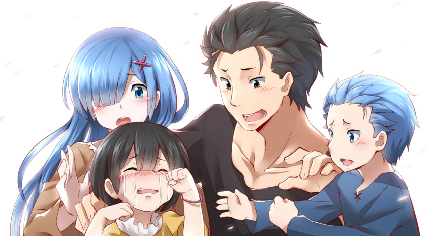 rem, natsuki subaru, natsuki rigel, and natsuki spica (re:zero kara hajimeru isekai seikatsu and 1 more) drawn by sollyz