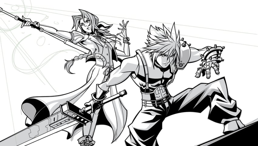 cloud strife and aerith gainsborough (final fantasy and 3 more) drawn by james_diato