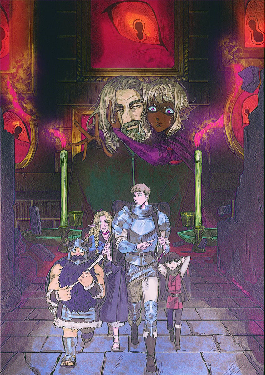 marcille donato, laios touden, thistle, winged lion, and delgal (dungeon meshi) drawn by asturlavi