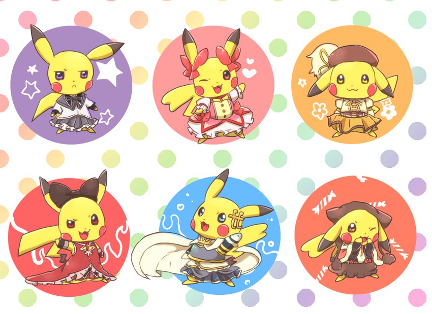 akemi homura, kaname madoka, miki sayaka, sakura kyoko, tomoe mami, and 2 more (pokemon and 2 more) drawn by mizuto_(o96ap)
