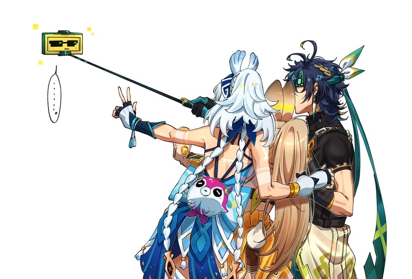 mualani, kinich, kachina, and ajaw (genshin impact) drawn by yuka_(pixiv38407039)