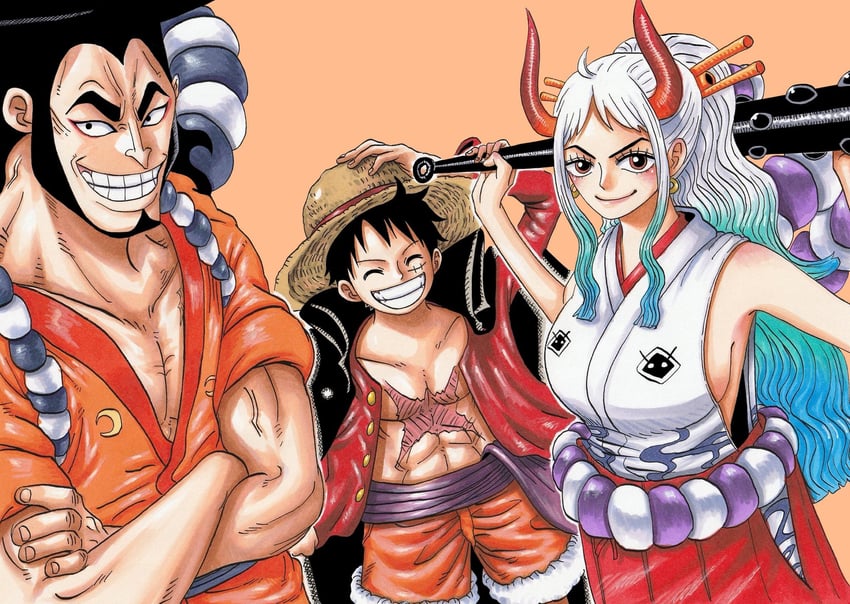 monkey d. luffy, yamato, and kouzuki oden (one piece) drawn by riku_(rikuw223xx)