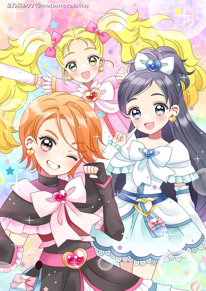 misumi nagisa, yukishiro honoka, cure black, cure white, kujou hikari, and 1 more (precure and 2 more) drawn by hoshinokuzu_alice