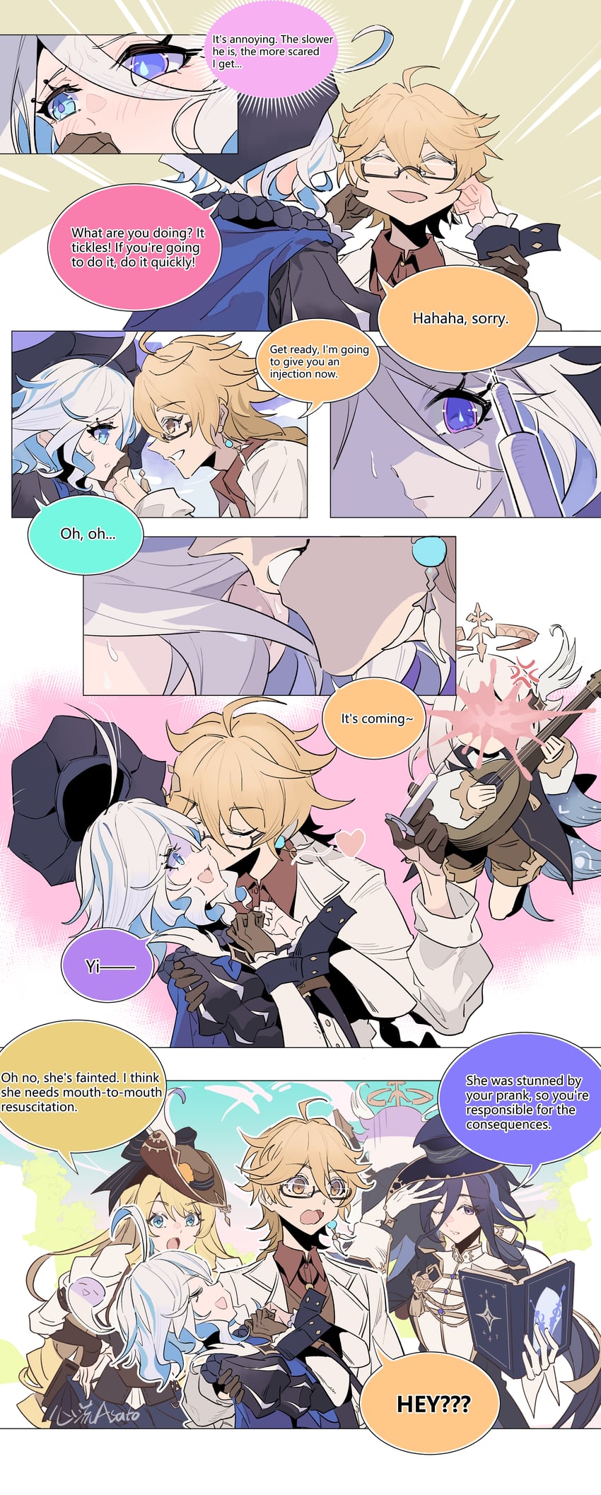 aether, furina, paimon, navia, and clorinde (genshin impact) drawn by xinliu_asato