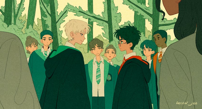 harry potter, draco malfoy, and dean thomas (wizarding world and 1 more) drawn by helen_jee