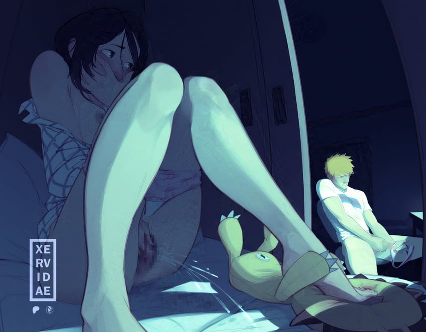 kuchiki rukia, kurosaki ichigo, and kon (bleach) drawn by xervidae