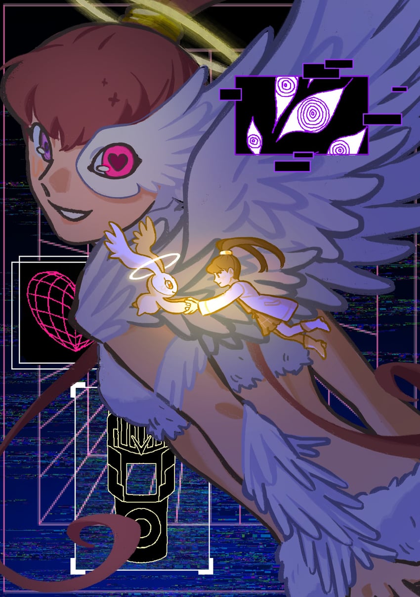 amano nene, luminamon, and shademon (digimon and 1 more) drawn by rabbitorena