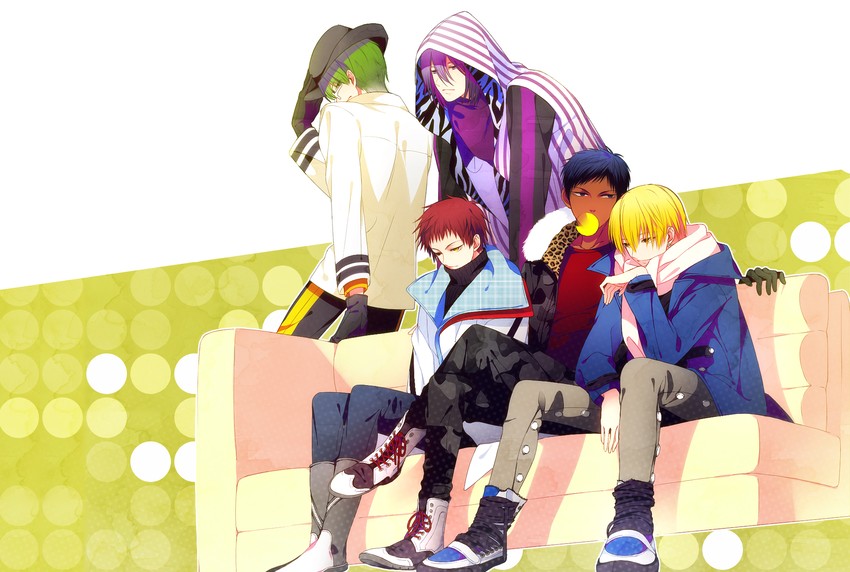 aomine daiki, kise ryouta, akashi seijuurou, midorima shintarou, and murasakibara atsushi (kuroko no basuke) drawn by hakusai_(tiahszld)