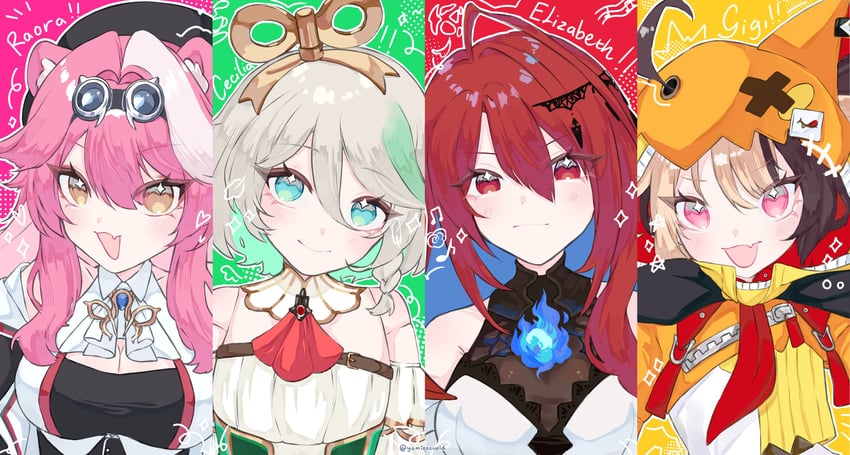 raora panthera, gigi murin, cecilia immergreen, and elizabeth rose bloodflame (hololive and 1 more) drawn by yamiescupid