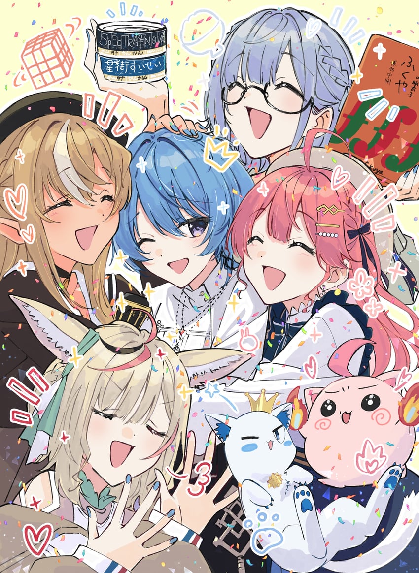 hoshimachi suisei, sakura miko, shirogane noel, shiranui flare, omaru polka, and 2 more (hololive) drawn by yaya_(pi63925174)