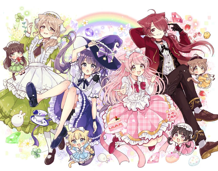moco, rucora, haru, makia, fuu, and 3 more (fushigi na neko no machi meltier) drawn by sakura_oriko