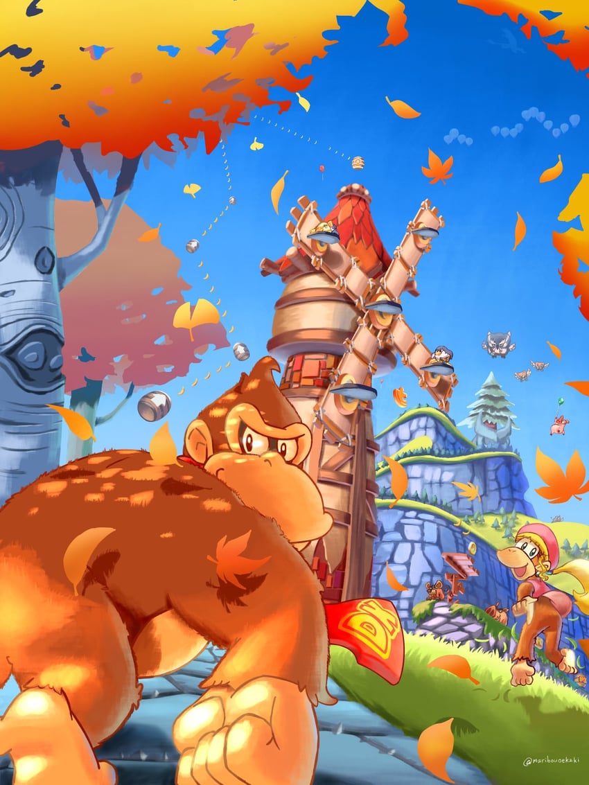 donkey kong and dixie kong (donkey kong) drawn by maribou_(supermaribou)