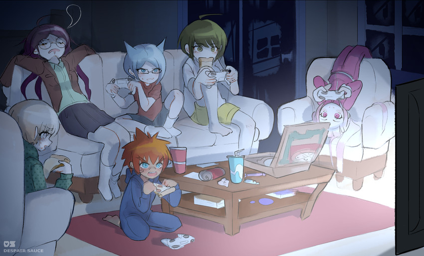 fukawa toko, naegi komaru, utsugi kotoko, shingetsu nagisa, daimon masaru, and 1 more (danganronpa and 1 more) drawn by despair_sauce
