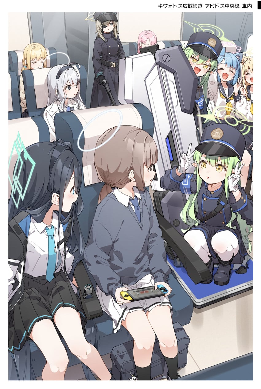 aris, hikari, nozomi, suou, and highlander railway academy student (blue archive) drawn by yukie_(kusaka_shi)