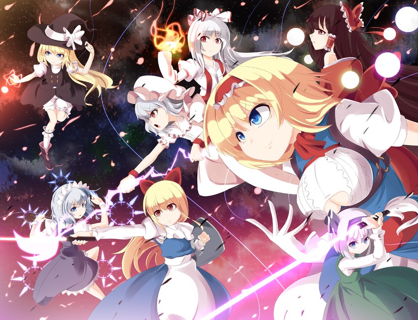 hakurei reimu, kirisame marisa, izayoi sakuya, konpaku youmu, alice margatroid, and 2 more (touhou) drawn by meracle