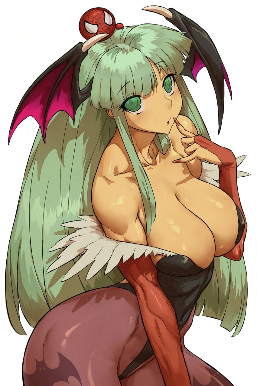 morrigan aensland and spider-man (marvel and 2 more) drawn by haraya_manawari