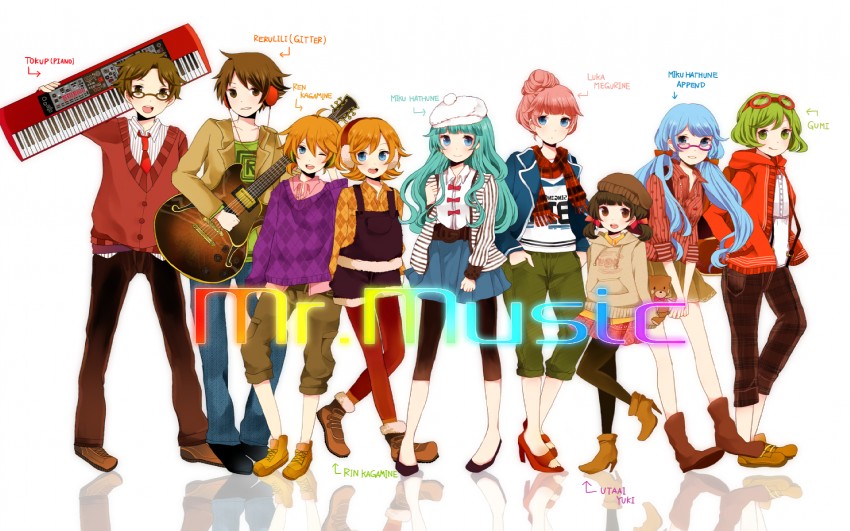 hatsune miku, kagamine rin, kagamine len, megurine luka, gumi, and 1 more (vocaloid and 1 more) drawn by komine