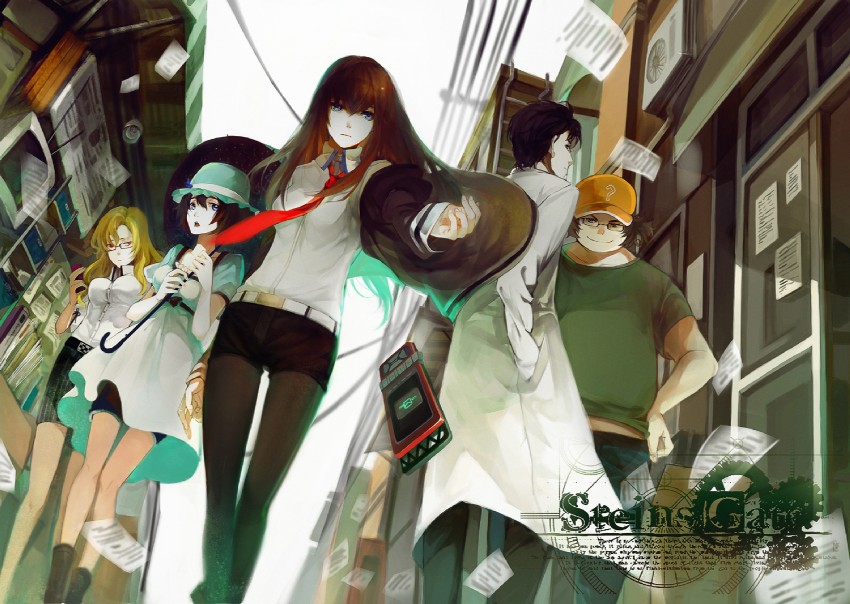 makise kurisu, okabe rintarou, shiina mayuri, hashida itaru, and kiryuu moeka (steins;gate) drawn by nineo